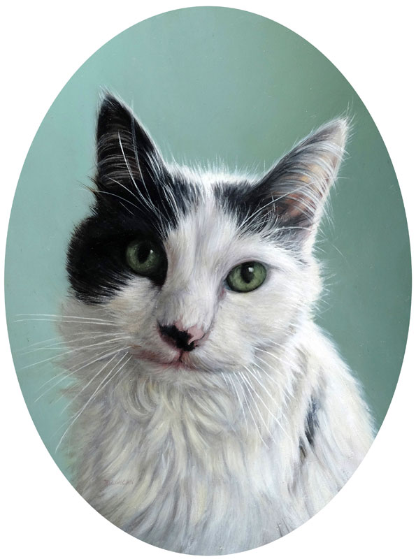 cat oil portrait painting of fluffy cat by Rebecca Luncan