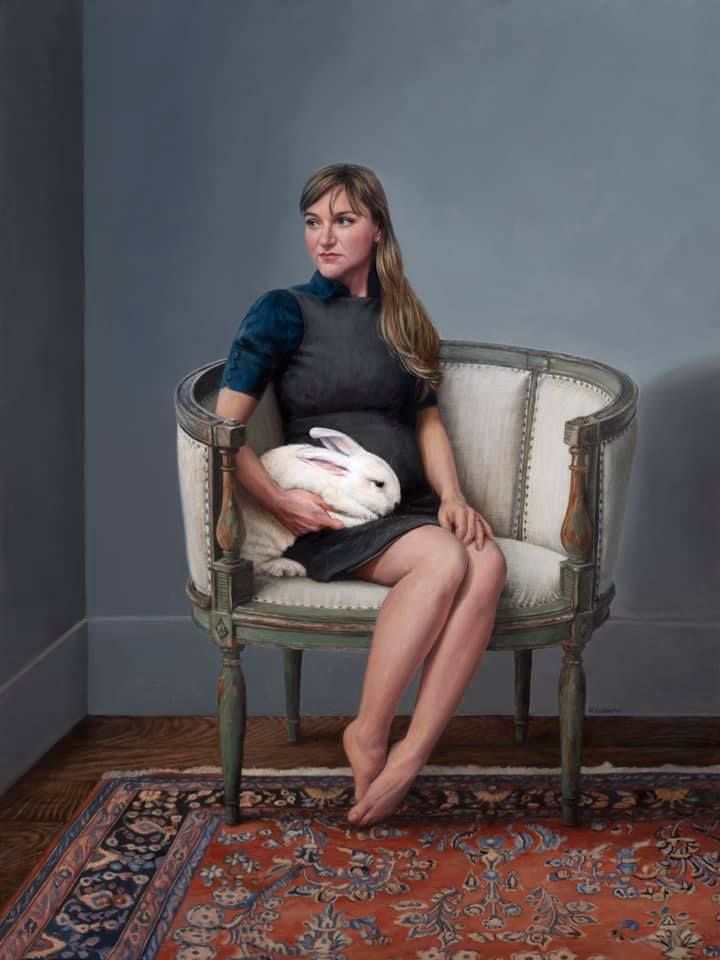 Self Portrait - Expecting, 16" x 12", oil on aluminum by Rebecca Luncan