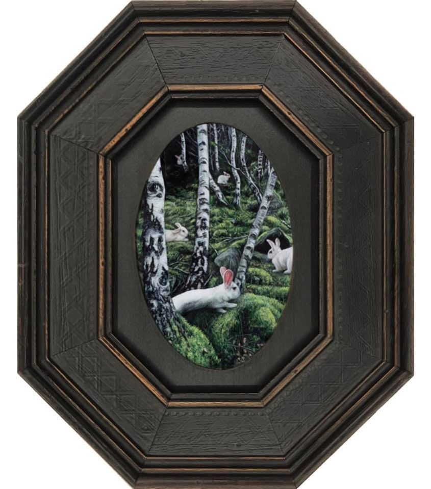 White Rabbit contemporary realism oil painting on aluminum by Rebecca Luncan in octagonal frame
