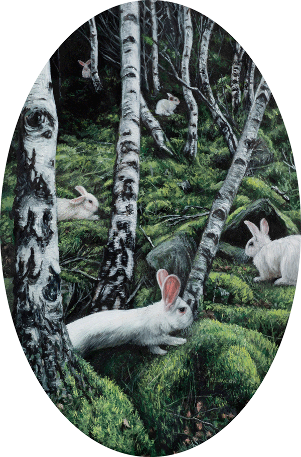 White Rabbit contemporary realism oil painting on aluminum by Rebecca Luncan