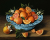 Still life painting on copper with oranges in porcelain bowl by Rebecca Luncan