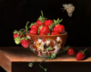 Miniature oil painting of strawberries and Japanese porcelain on copper by Rebecca Luncan, 5" x 5"