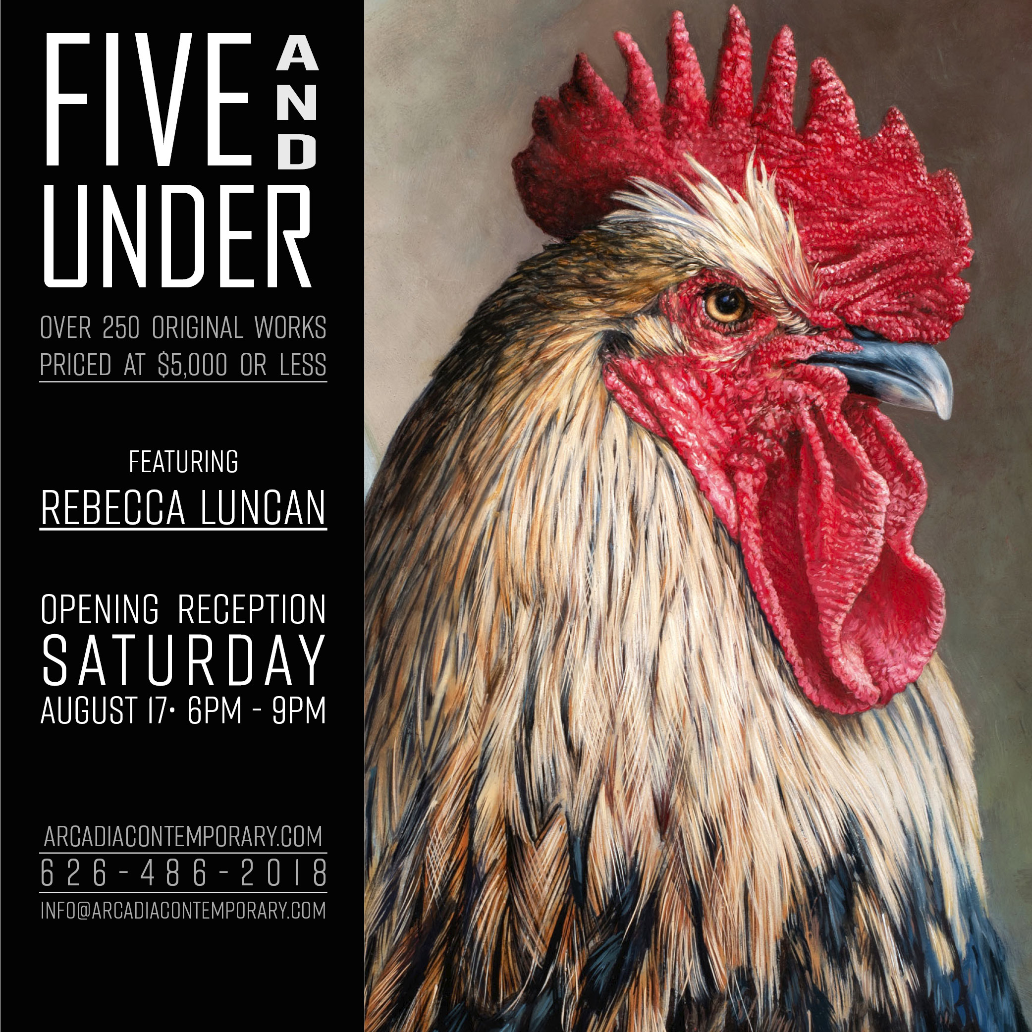Five and Under 2019 Exhibit Rooster Portrait Painting by Rebecca Luncan
