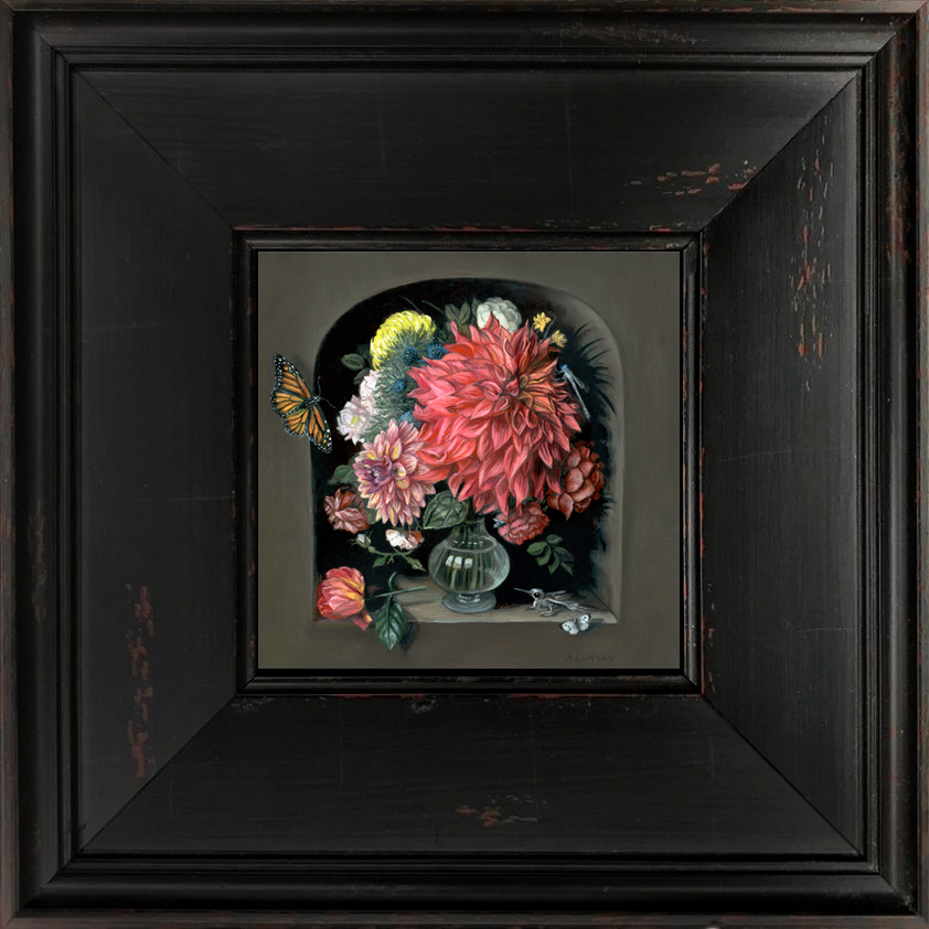 Miniature Vanitas with Flowers and Butterflies oil painting by Rebecca Luncan
