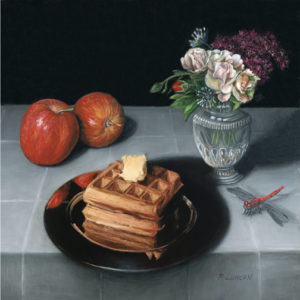 Waffles, apples and dragonfly Miniature still life paintingby Rebecca Luncan