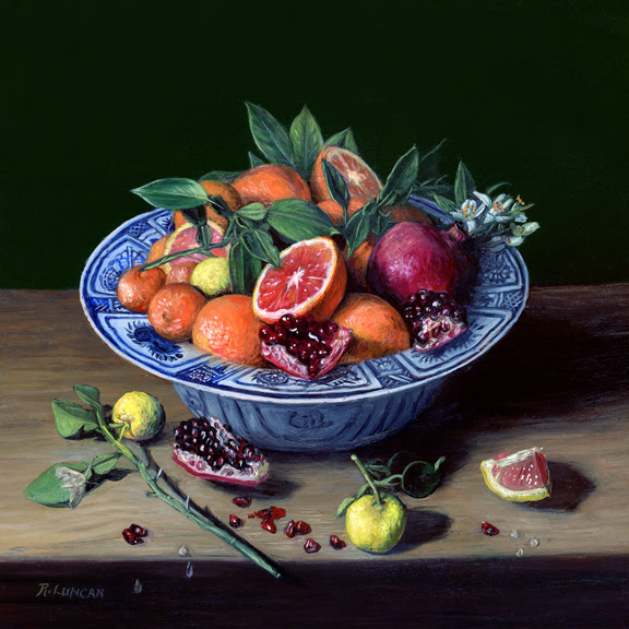 Cara Cara, Yuzu, and Pomegranate in Chinese Porcelain still life painting by Rebecca Luncan