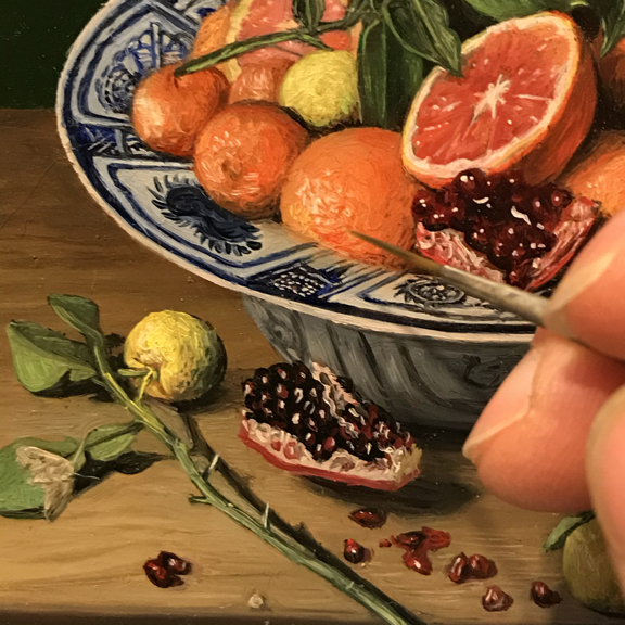 Cara Cara, Yuzu, and Pomegranate in Chinese Porcelain miniature still life painting detail by Rebecca Luncan