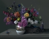 Miniature still life oil painting of boquet and Capodimonte porecelains in the Seattle Art Museum by Rebecca Luncan