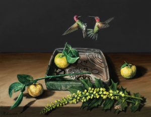 Hummingbirds battle over orbi ware Japanese porcelain, yuzu fruit and oregon grape blossoms. Still life painting by Rebecca Oil on copper