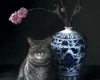 Contemporary realism pet portrait, cat with chinese vase and cherry blossoms bt Rebecca Luncan