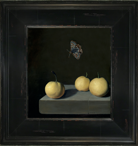 Checkerspot butterfly over Asian pear (nashi) still life painting by Rebecca Luncan