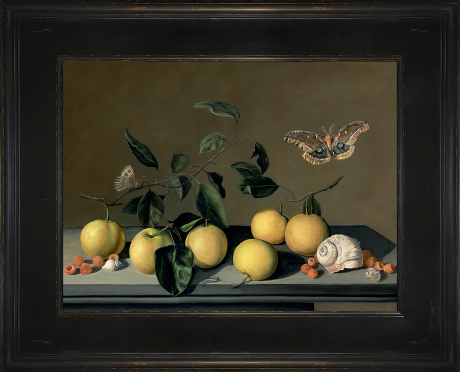 Polyphemus moth over nashi fruit still life oil painting by Rebecca Luncan
