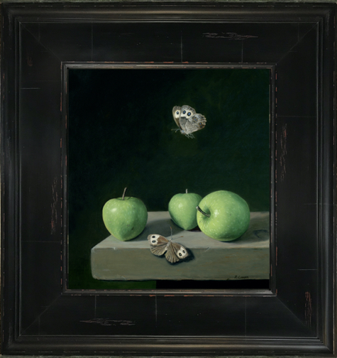 Wood Nmyphs and Green Apples, oil on copper, 10" x 9"