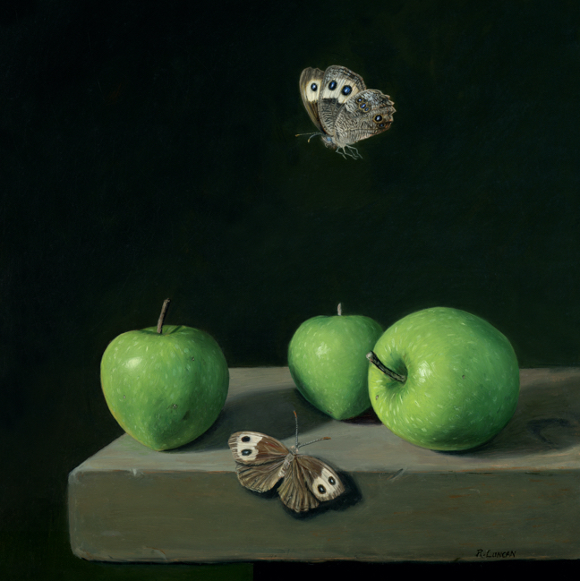 photo realistic still life paitning with fruit and insects by Rebecca Luncan