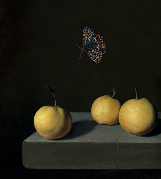 Checkerspot butterfly over asian pears (nashi) still life oil painting by Rebecca Luncan