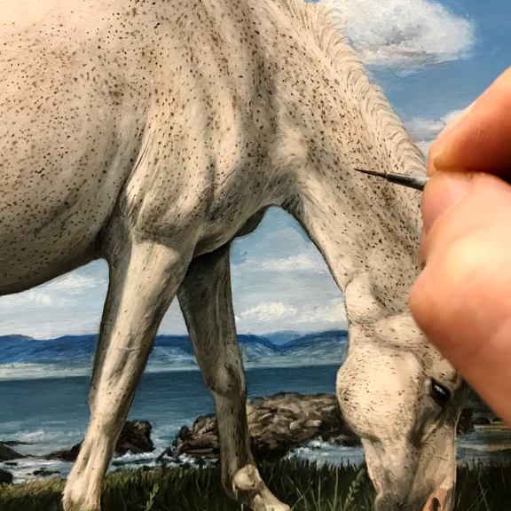 in progress oil painting of Polish Arabian horse as unicorn by Rebecca Luncan