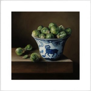Brussels Sprouts and Porcelain Bowl limited edition print from still life oil painting on copper by Rebecca Luncan