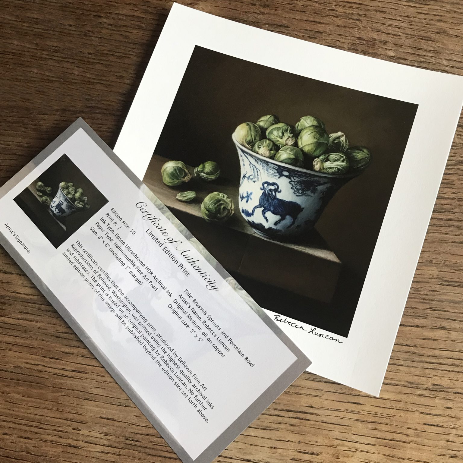 Brussels Sprouts and Porcelain Bowl limited edition print with certificate of authenticity from still life oil painting on copper by Rebecca Luncan