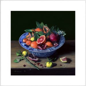 oranges and Pomegranate in Chinese Porcelain limited edition print from still life painting by Rebecca Luncan