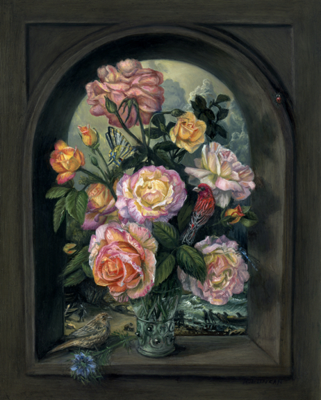 miniature still life oil painting of peace roses with male and female house finch by Rebecca Luncan