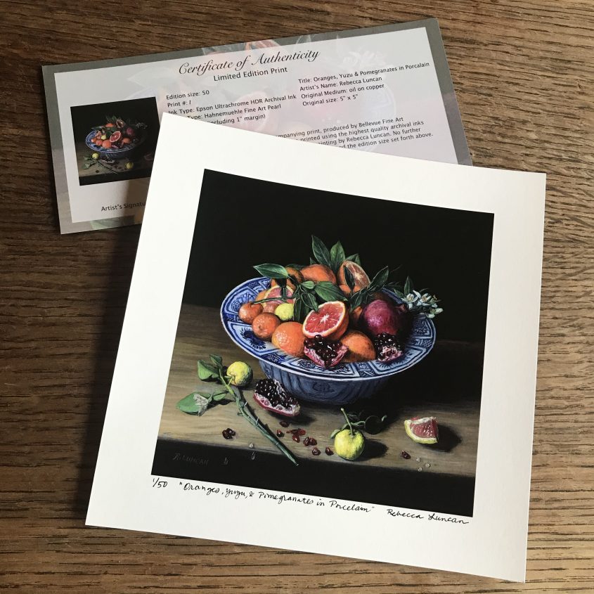 oranges and Pomegranate in Chinese Porcelain limited edition print with certificate of authenticity  from still life painting by Rebecca Luncan