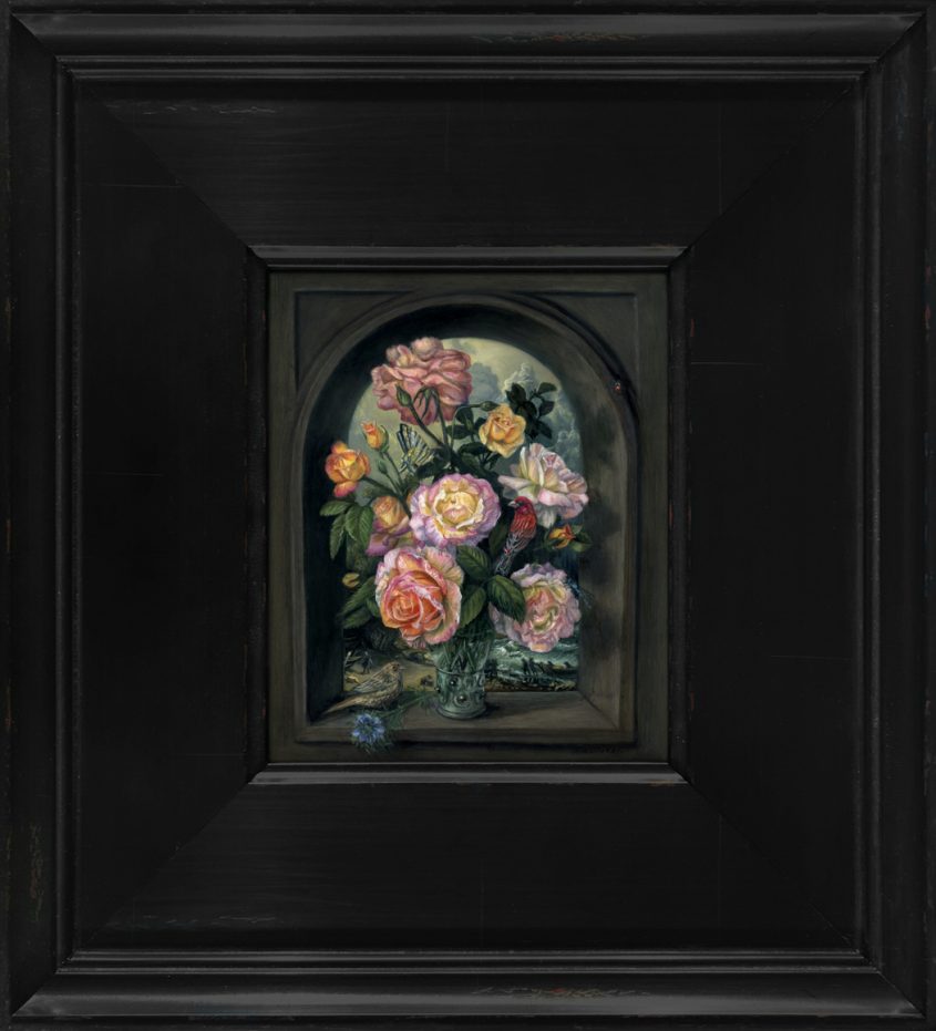 miniature still life oil painting of peace roses with male and female house finch by Rebecca Luncan