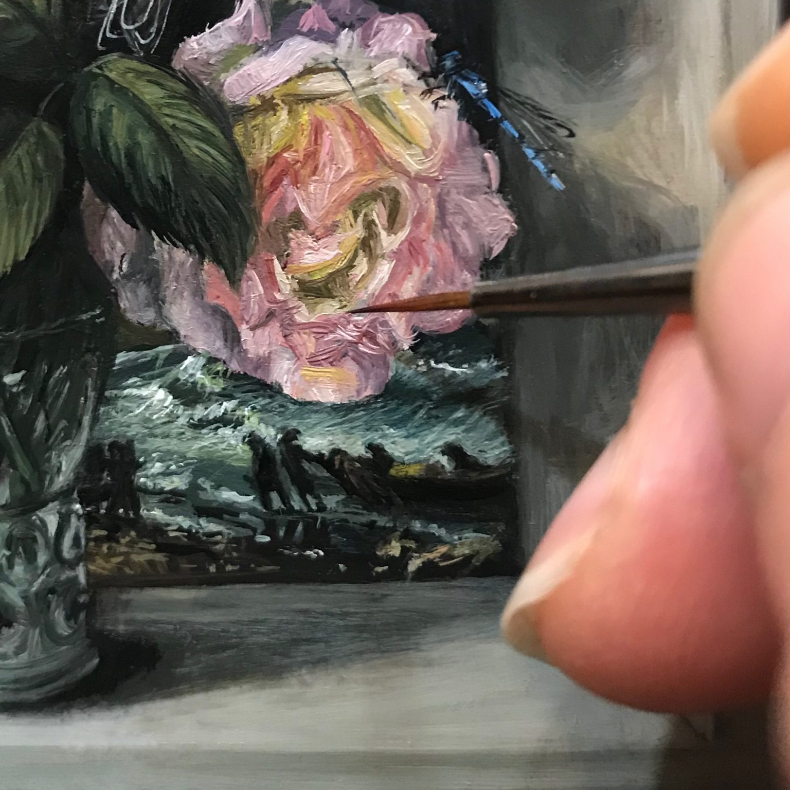detail of miniature painting with peace roses and bierstade painting reproduced in background