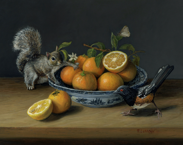 Shenanigans, miniature still life painting with bird, squirrel and fruit by Rebecca Luncan