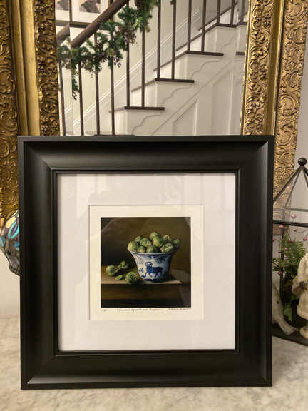 Limited edition print from still life of brussles sprouts in porcelain framed. Original artwork by Seattle artist Rebecca Luncan