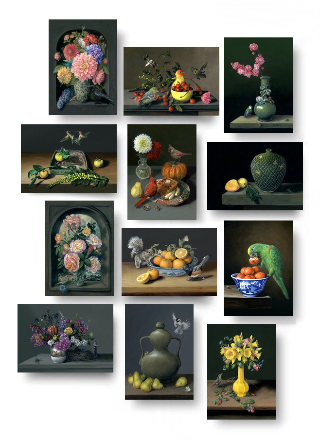 Set of 12 Flights of Fancy still life paitning greeting cards by Rebecca Luncan