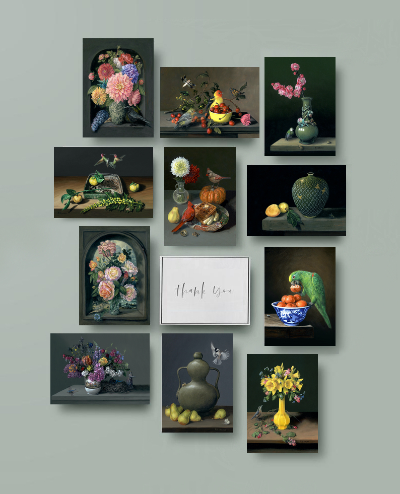 Set of 12 Flights of Fancy still life paitning greeting cards by Rebecca Luncan
