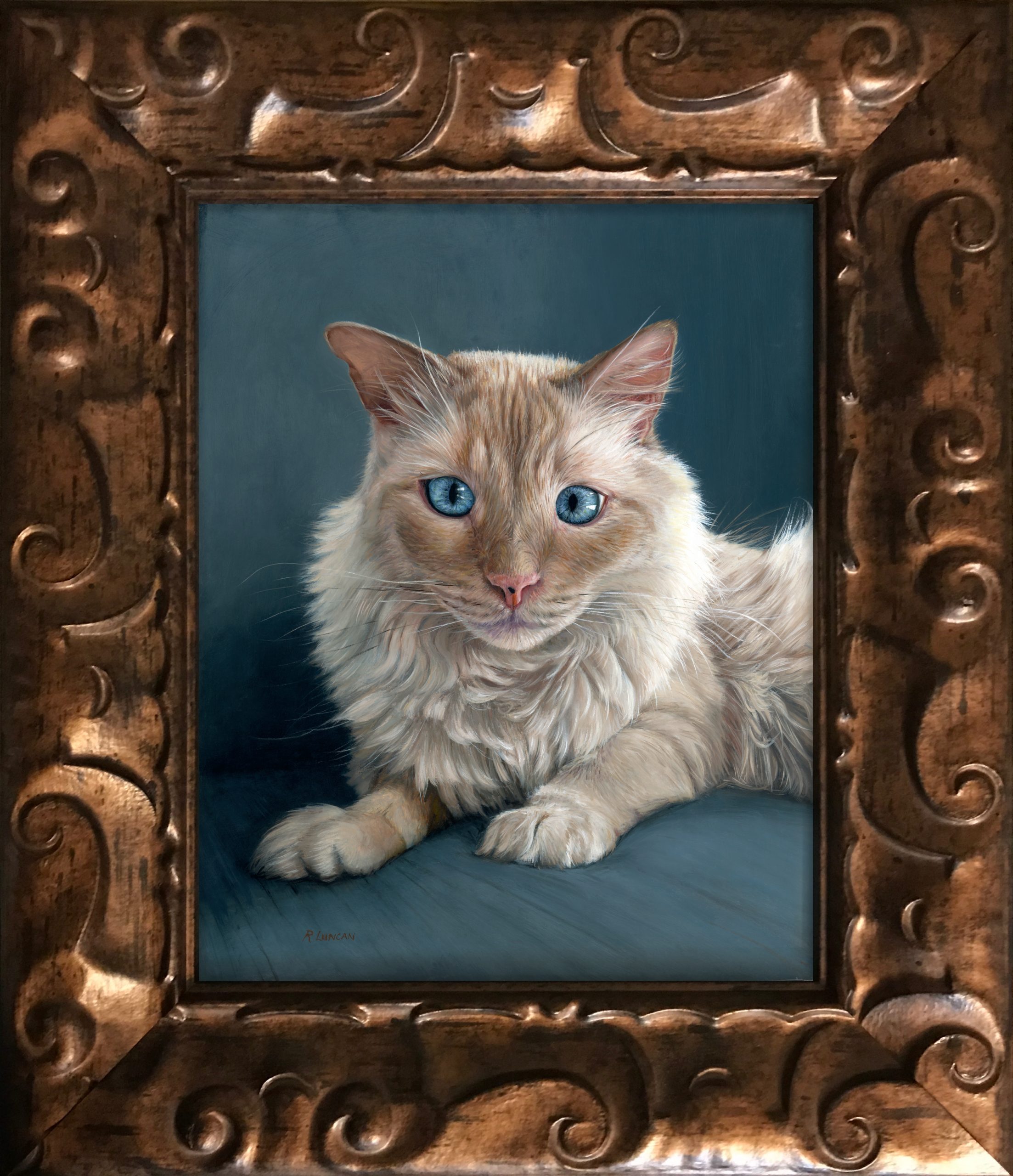 Framed Portrait painting of flame point ragdoll siamese cat by Rebecca Luncan