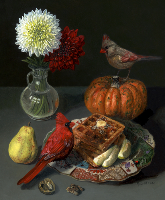 still life oil painting classical technique with waffles and cardinals by Rebecca Luncan
