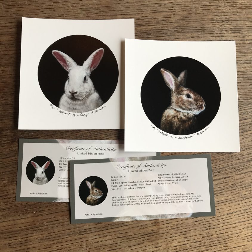 pair of limited edition prints from rabbit portrait paintings by Rebecca Luncan