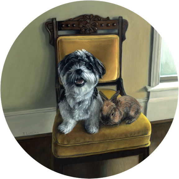 portrait painting of lion head rabbit and shih tzu in formal setting by realist painter, Rebecca Luncan