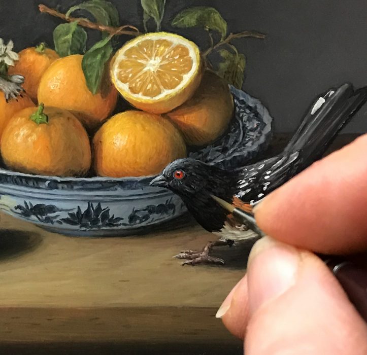Shenanigans, miniature still life painting with bird, squirrel and fruit by Rebecca Luncan in progress