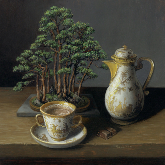still life painting with bonsai and Messian porcelain chocolate cup and chocolate pot. Cup of hot chocolate by Rebecca Luncan