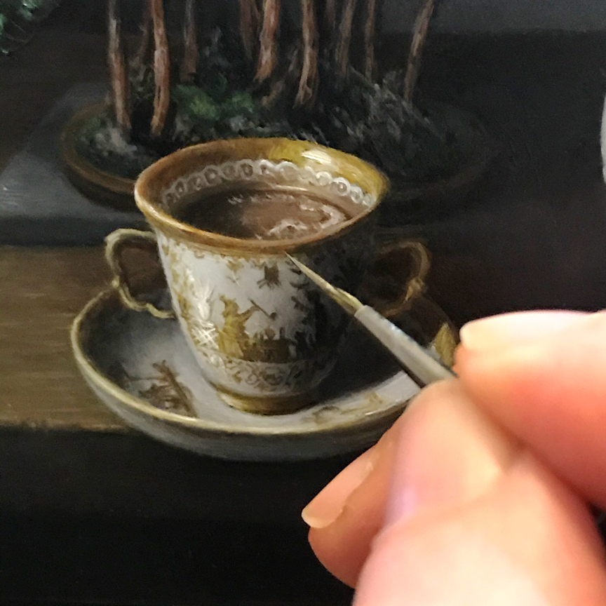 still life painting detail with Messian porcelain chocolate cup. Cup of hot chocolate by Rebecca Luncan