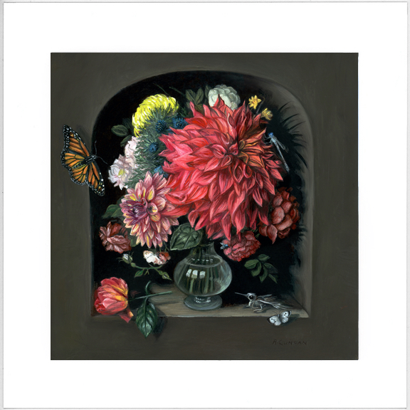 Limited edition print Vanitas with Flowers and Butterflies oil painting by Rebecca Luncan