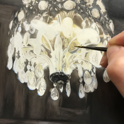 chandelier detail, representational oil painting by seattle artist Rebecca Luncan