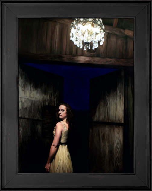 "Silver Chandelier" figurative oil painting by Seattle artist Rebecca Luncan, oil on aluminum