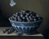 Still life painting of blueberries in porcelain bowl with blue butterfly by Rebecca Luncan