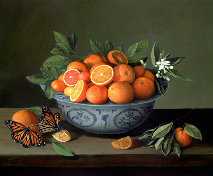 Bowl of Oranges and Monarch Butterflies realist still life painting by Rebecca Luncan