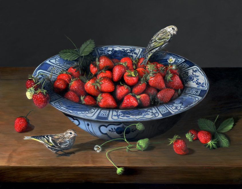 Strawberries and songbirds, still life oil painting by Rebecca Luncan