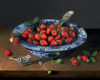 Strawberries and songbirds, still life oil painting by Rebecca Luncan