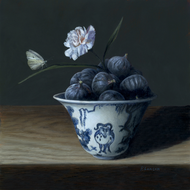 still life painting of Figs in Jiajing Porcelain, oil on copper by Rebecca Luncan