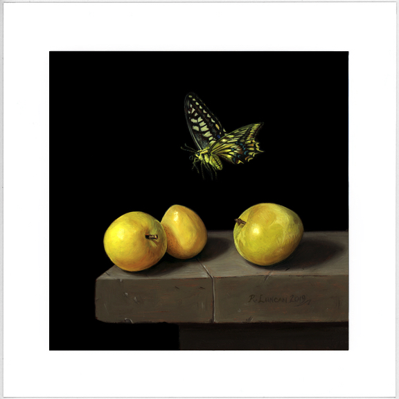 Limited edition print plums and swallowtail butterfly oil painting by Rebecca Luncan