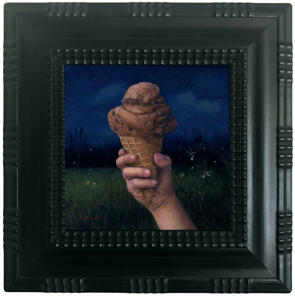 Still life painting of chocolate ice cream cone at night with lightning bugs by Rebecca Luncan