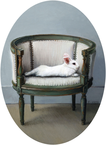 Reclining White Rabbit on French Chair, oil painting miniature by Rebecca Luncan
