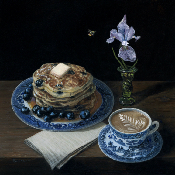 still life painting of blueberry pancakes with late and purple iris by Rebecca Luncan, oil on copper